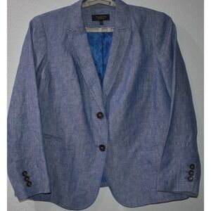 Talbots 16WP Blue 100% Linen Blazer Jacket Two Button Lined Pockets Business